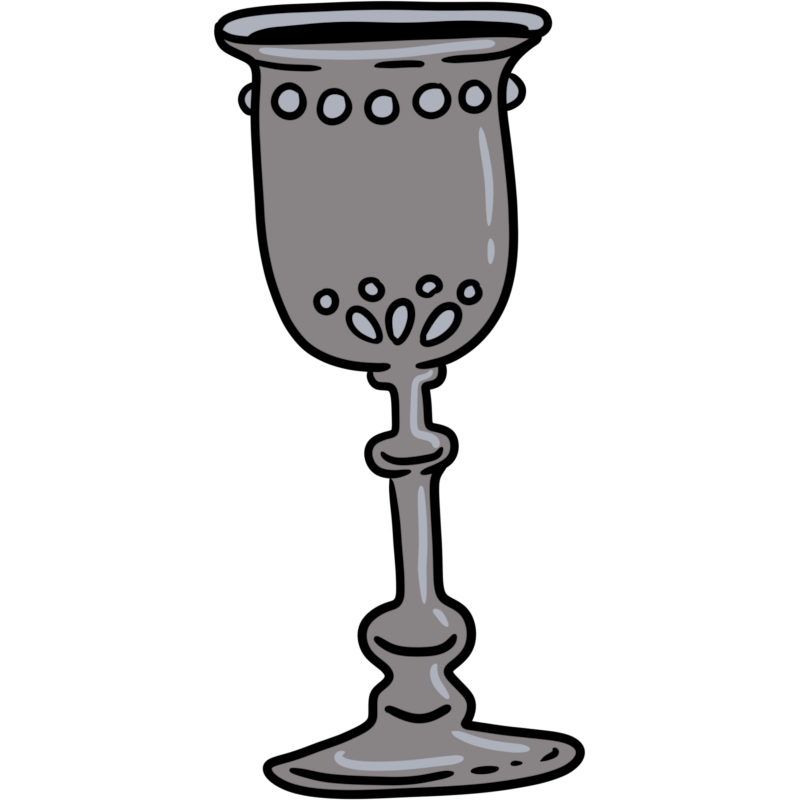 gray stemmed kiddush cup with ridges and a few raised dot designs. Outlines are black.